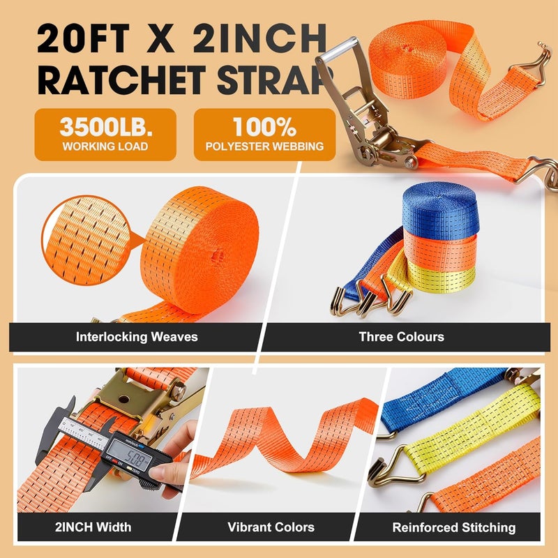 EVANCENT 2Pack Ratchet Straps Heavy Duty-2 Inch x 20 Feet(7,500lb Break Strength), Tie-Down Ratcheting with J-Hook Cargo Straps Tiedown Ratchet for Moving and Transports with Trailers, Pickup, Flatbed Trucks - Image 3